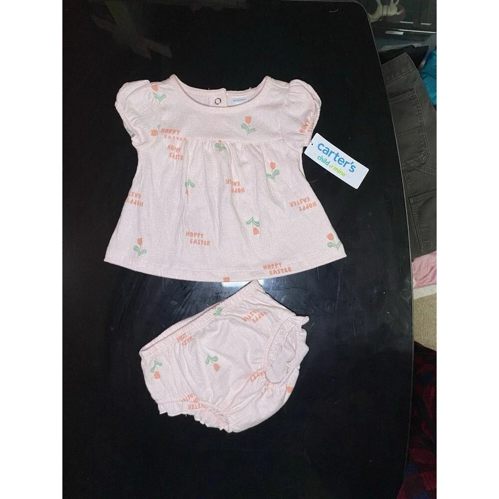 NWT Carter's Child of Mine Baby Girl Hoppy Easter 2pc Set 0-3M Pink Tulip Outfit